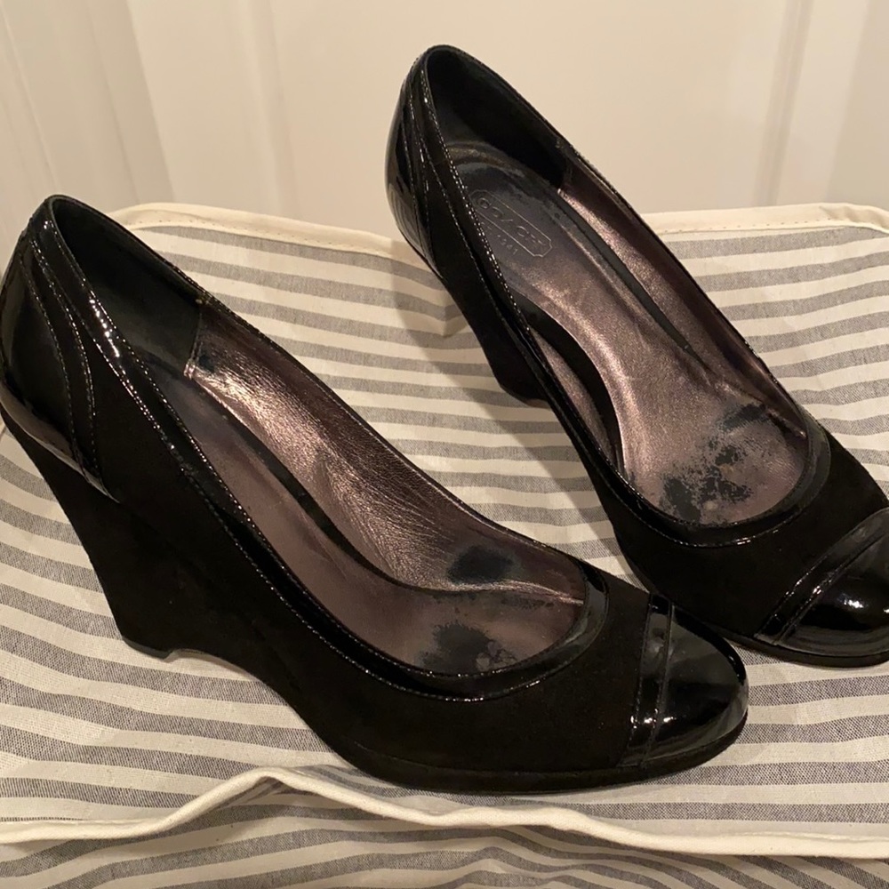 Coach Suede Wedges with Patent Toe
